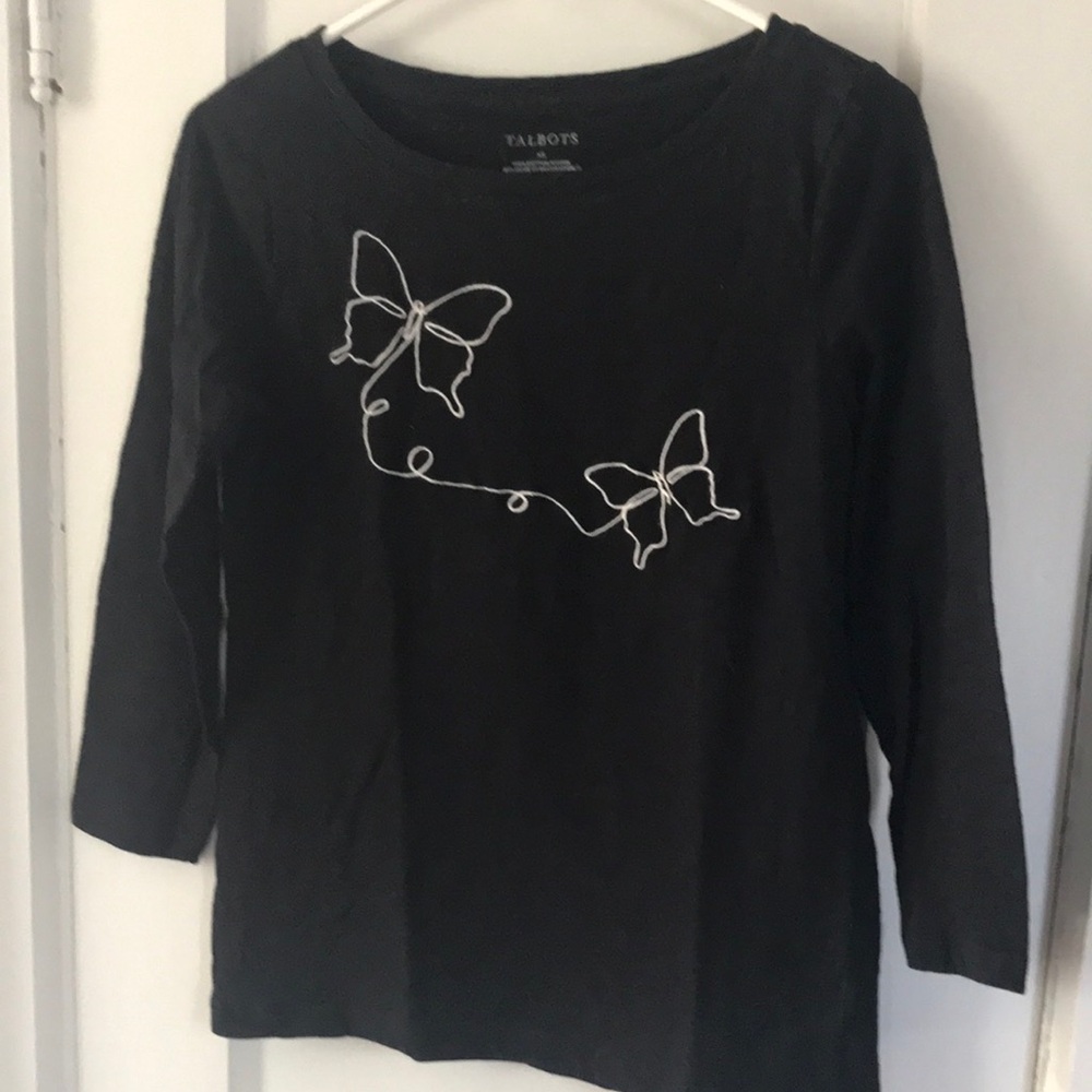 Talbots Womens Black Butterfly Embroidered Top